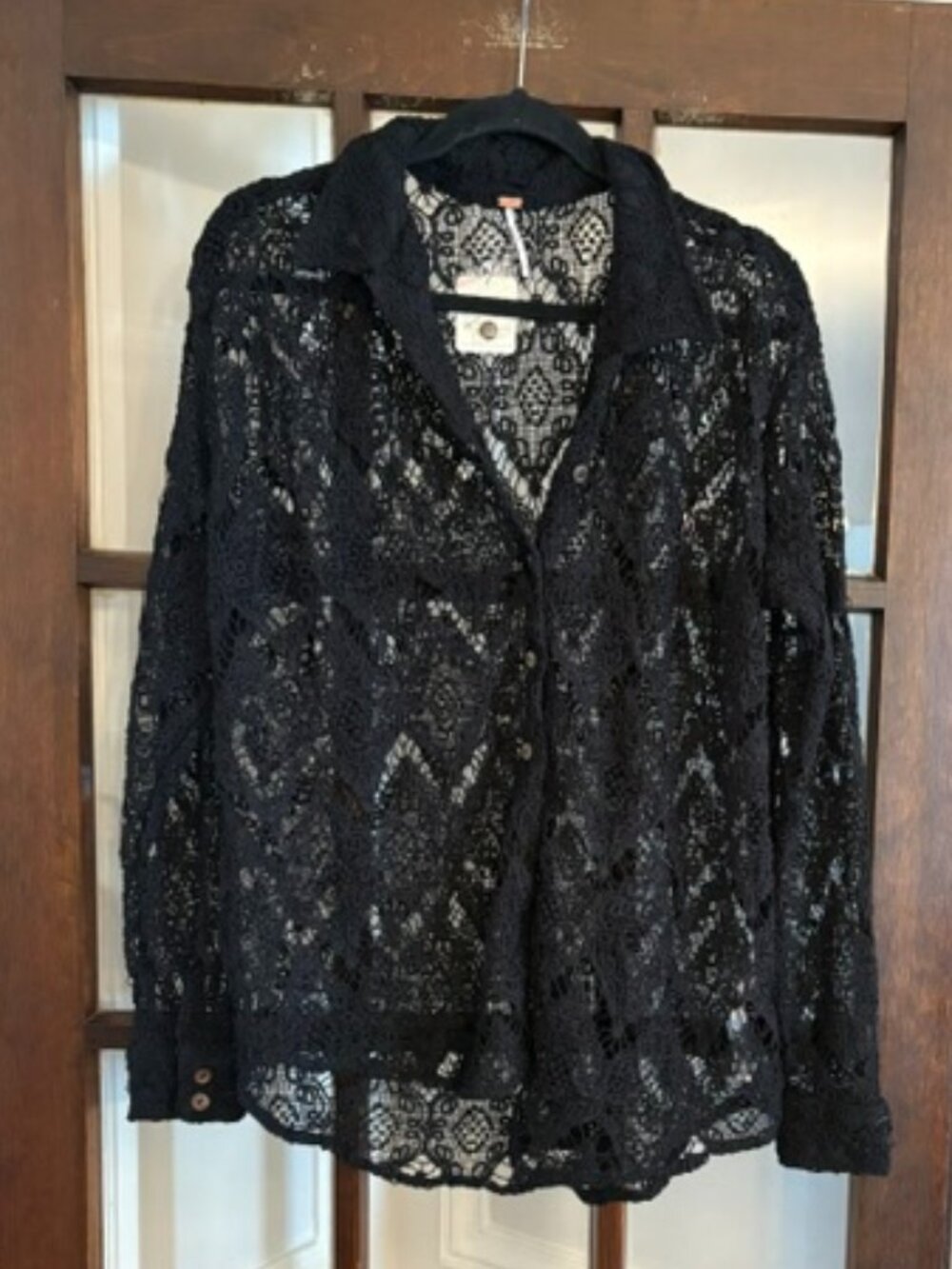 Free People Faith Lace Button-Down Blouse in Black, Size Medium